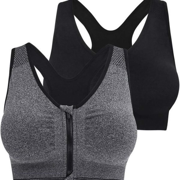 Women Zip Front Closure Sports Bra - Seamless Wirefree Post Surgery Zipper Padded Racerback Workout Gym Yoga Bras